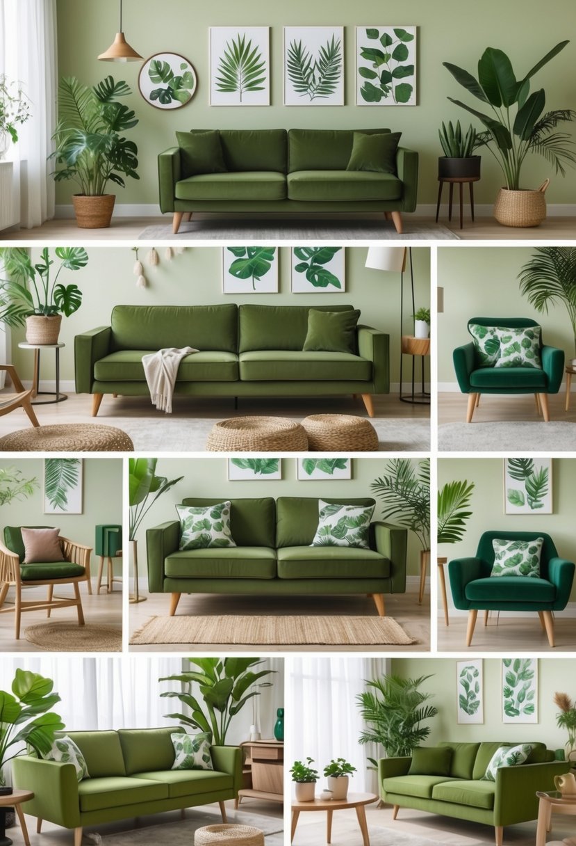 A living room with an olive green couch surrounded by botanical prints and plants.