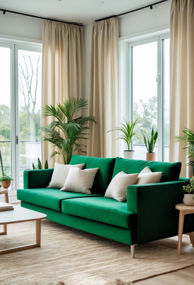 A living room with a bold green couch, beige rugs, and beige curtains with natural light coming through the windows.