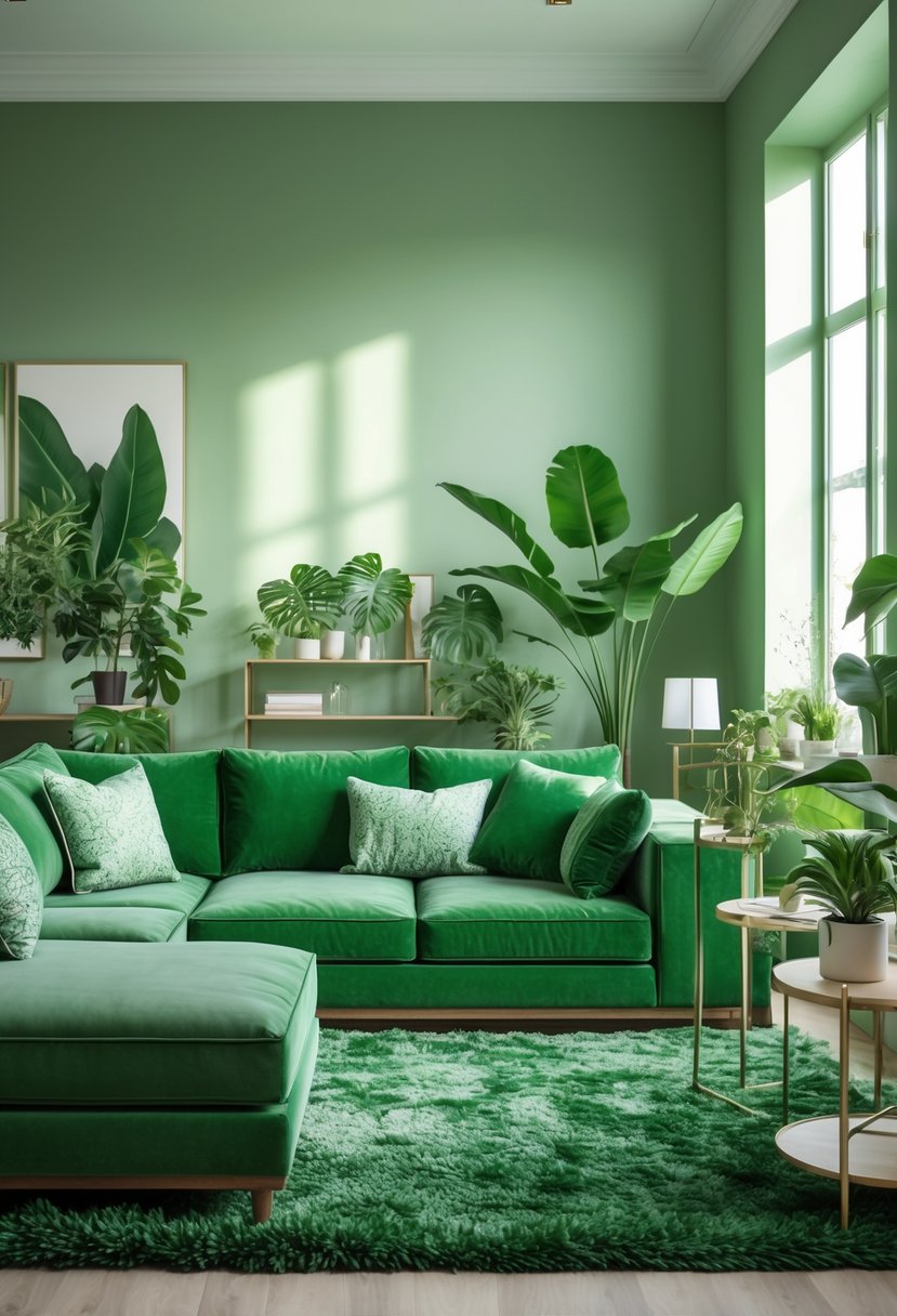 A living room with a green couch, green pillows, plants, and soft natural light coming through large windows.