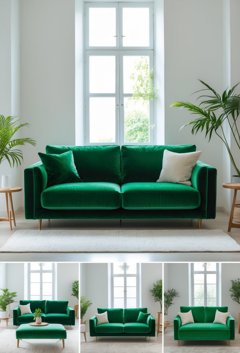 A green velvet sofa centered in a living room with minimalist decor including a wooden coffee table, a potted plant, and natural light from large windows.