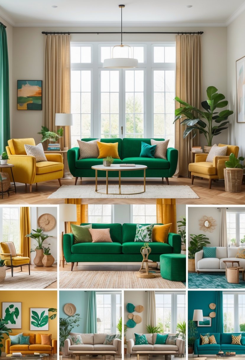 Living room with a green couch surrounded by various color-coordinated decor items including pillows, rugs, curtains, and plants.