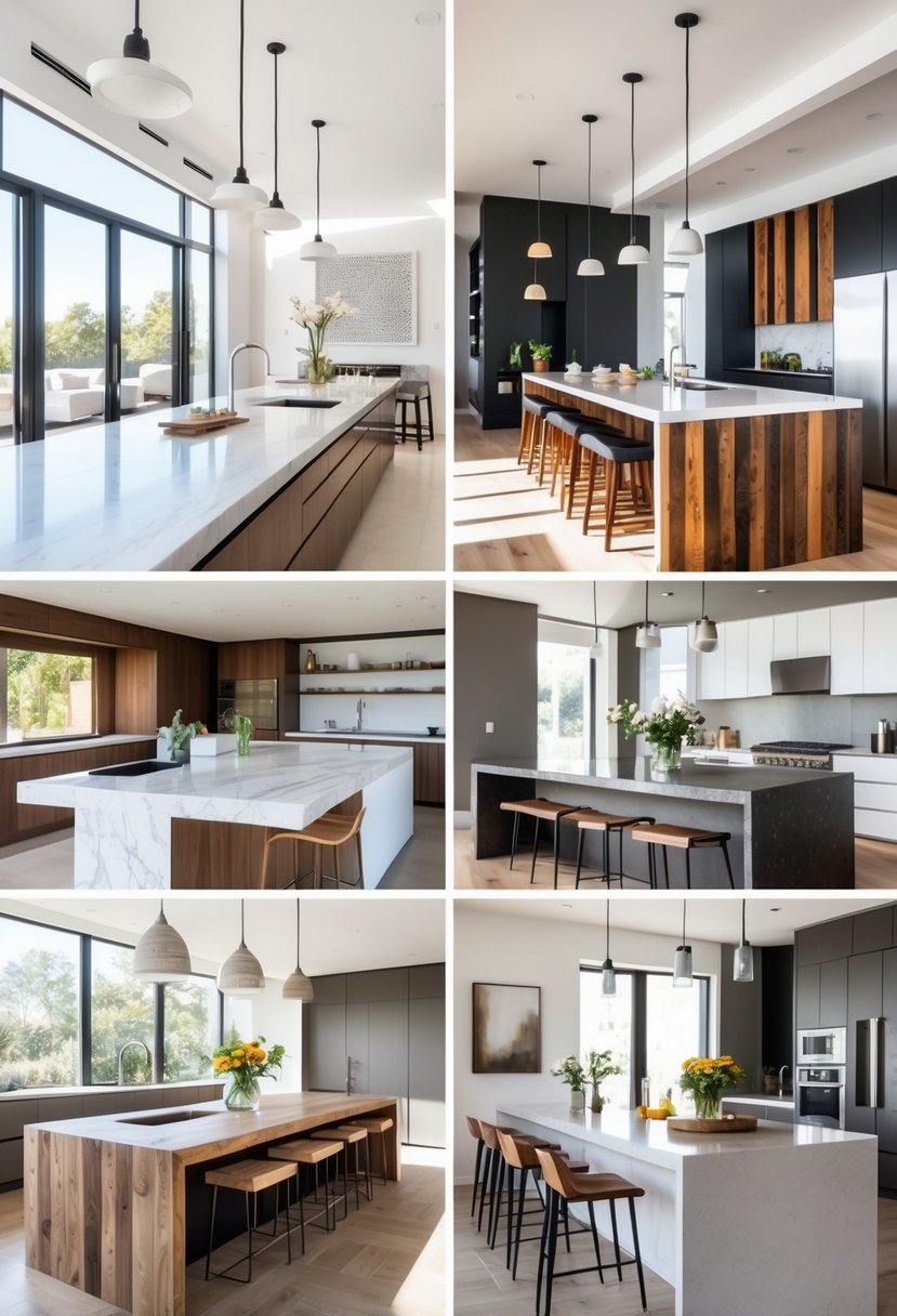 A spacious kitchen displaying nine different kitchen islands, each with unique designs and materials, including seating, storage, and sinks.
