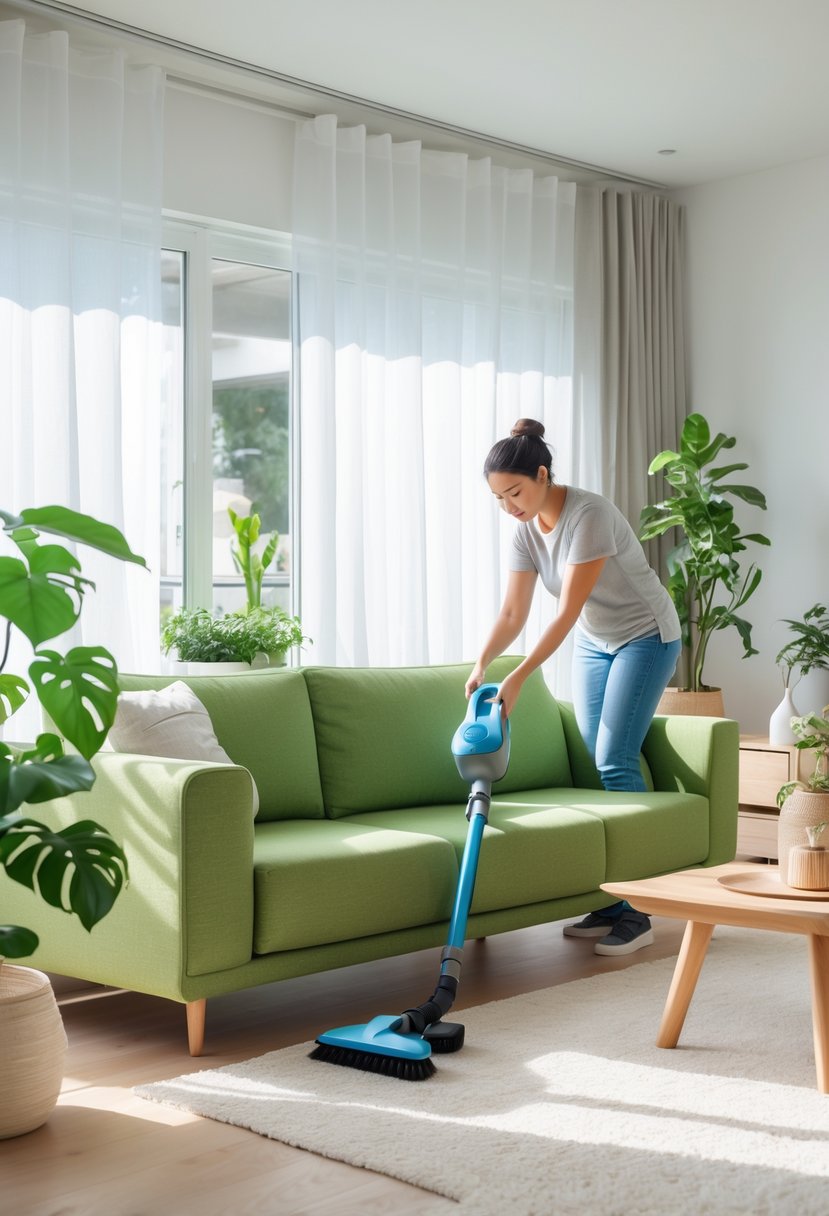 A person cleaning a green couch in a bright living room with plants and natural light.