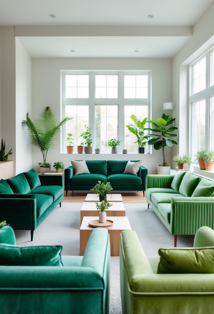 A modern living room displaying eight different green couches with plants and natural light.