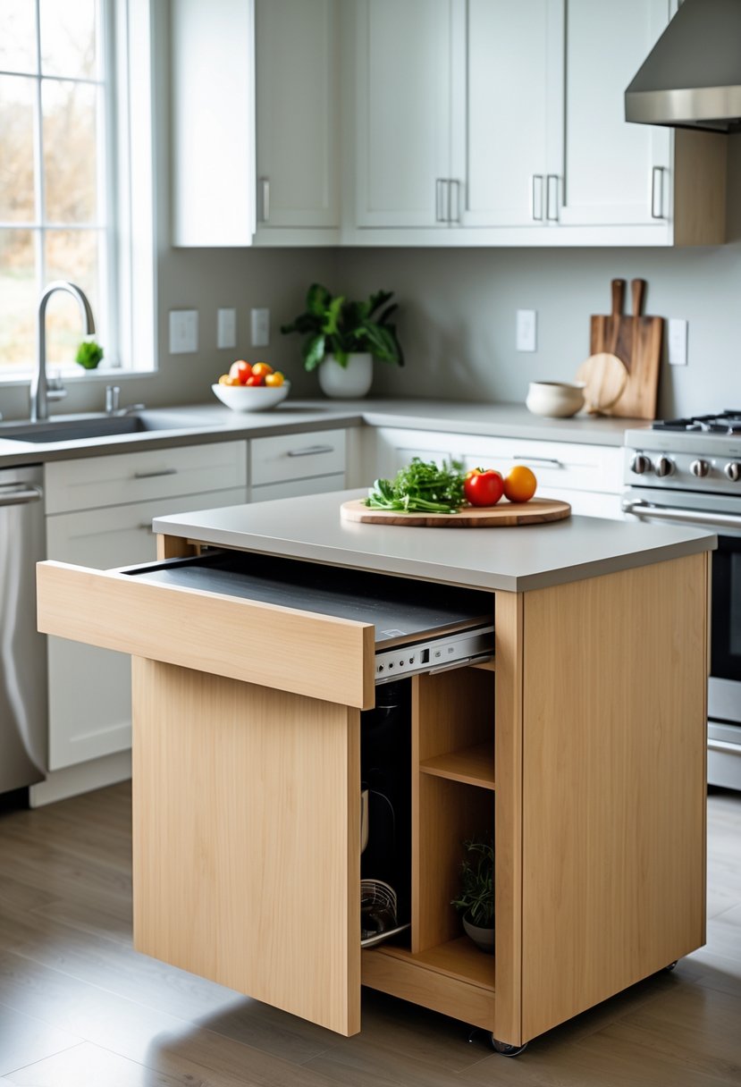 Compact kitchen island with a pull-out cutting board extended, surrounded by modern kitchen appliances and decor.