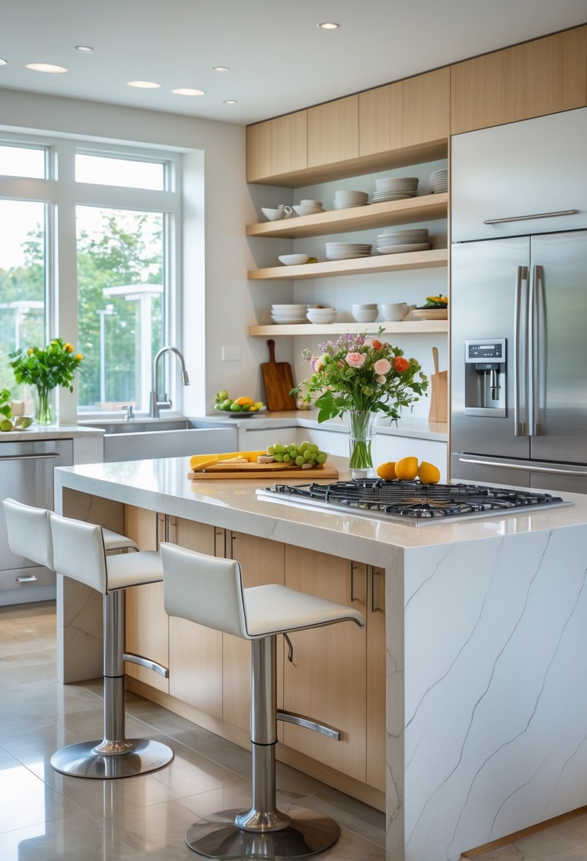 A modern kitchen with a large kitchen island featuring built-in sink, cooktop, and bar stools, surrounded by cabinets and natural light.