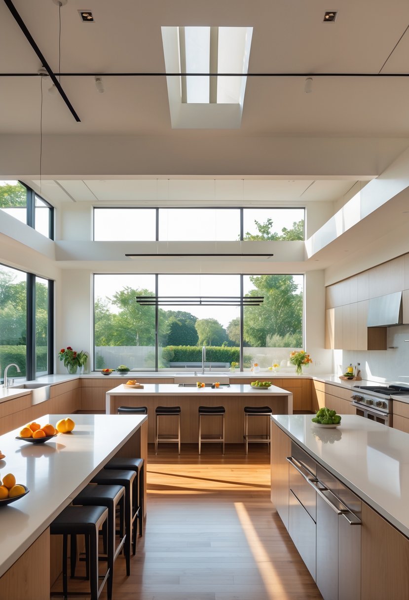 A spacious open kitchen with seven distinct cooking and dining areas, featuring modern appliances, kitchen islands, and large windows letting in natural light.
