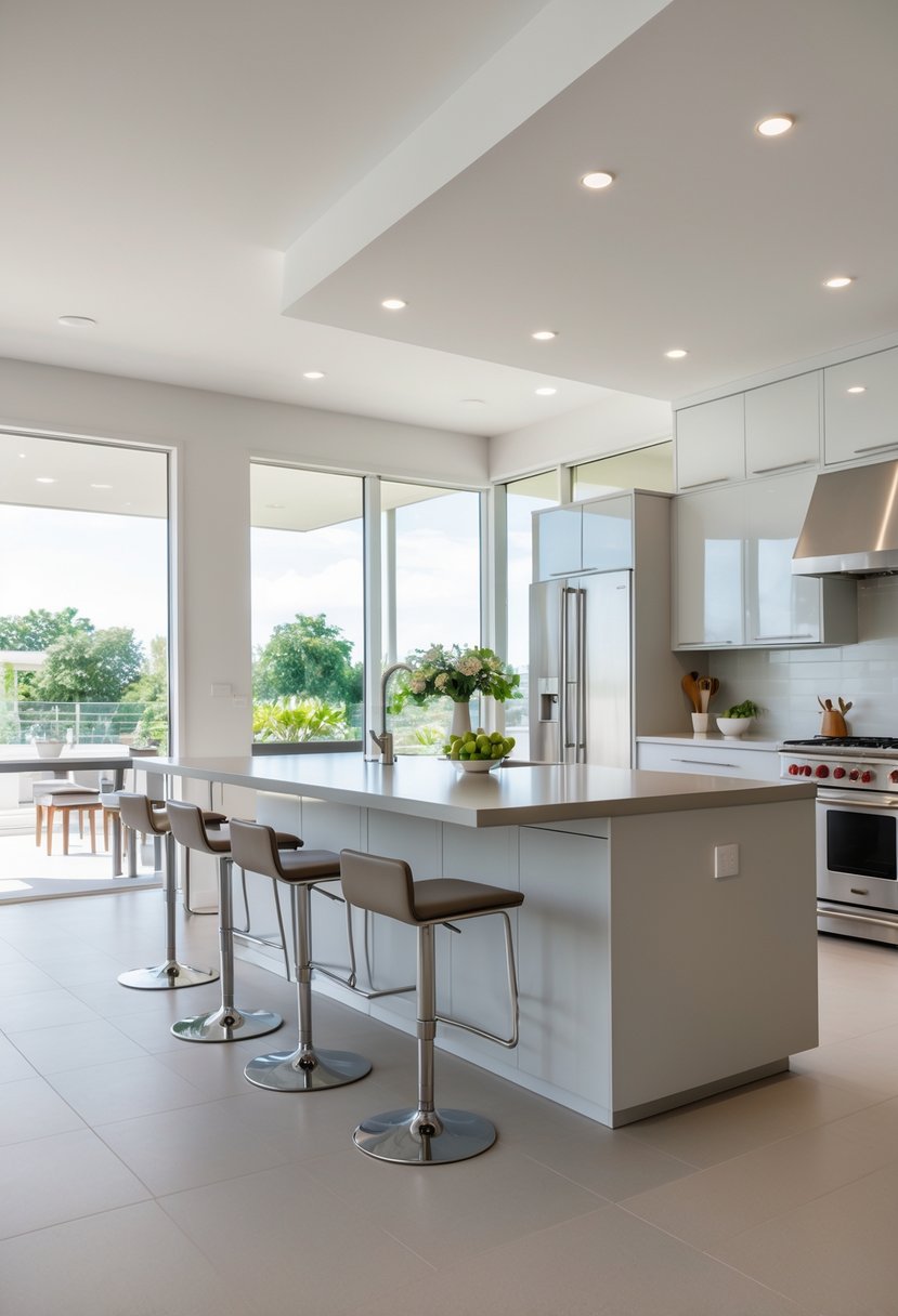 Open kitchen with a large island in the center surrounded by bar stools, bright and spacious with modern appliances and natural light.