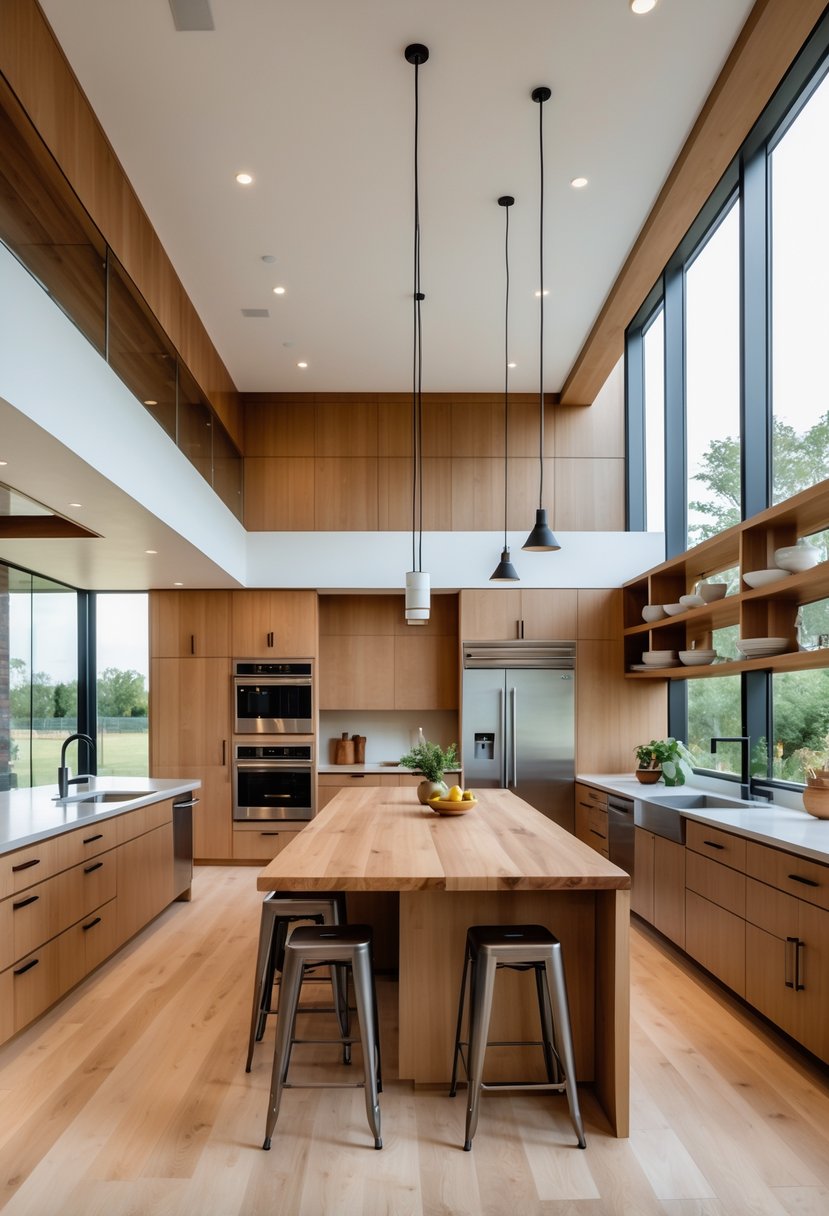 A spacious open kitchen with wooden cabinets, metal accents, a large island, and natural light from big windows.