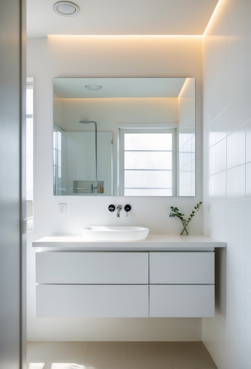 Small bathroom with a floating vanity and visible floor space, featuring a mirror and minimalist fixtures.