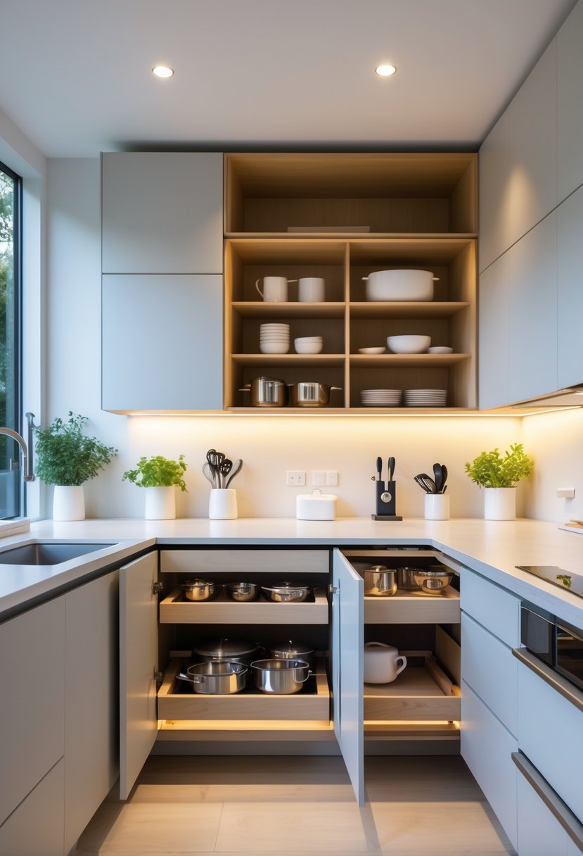 A modern kitchen with open design, pull-out pantries, and hidden cabinets, showing an organized and bright cooking space.
