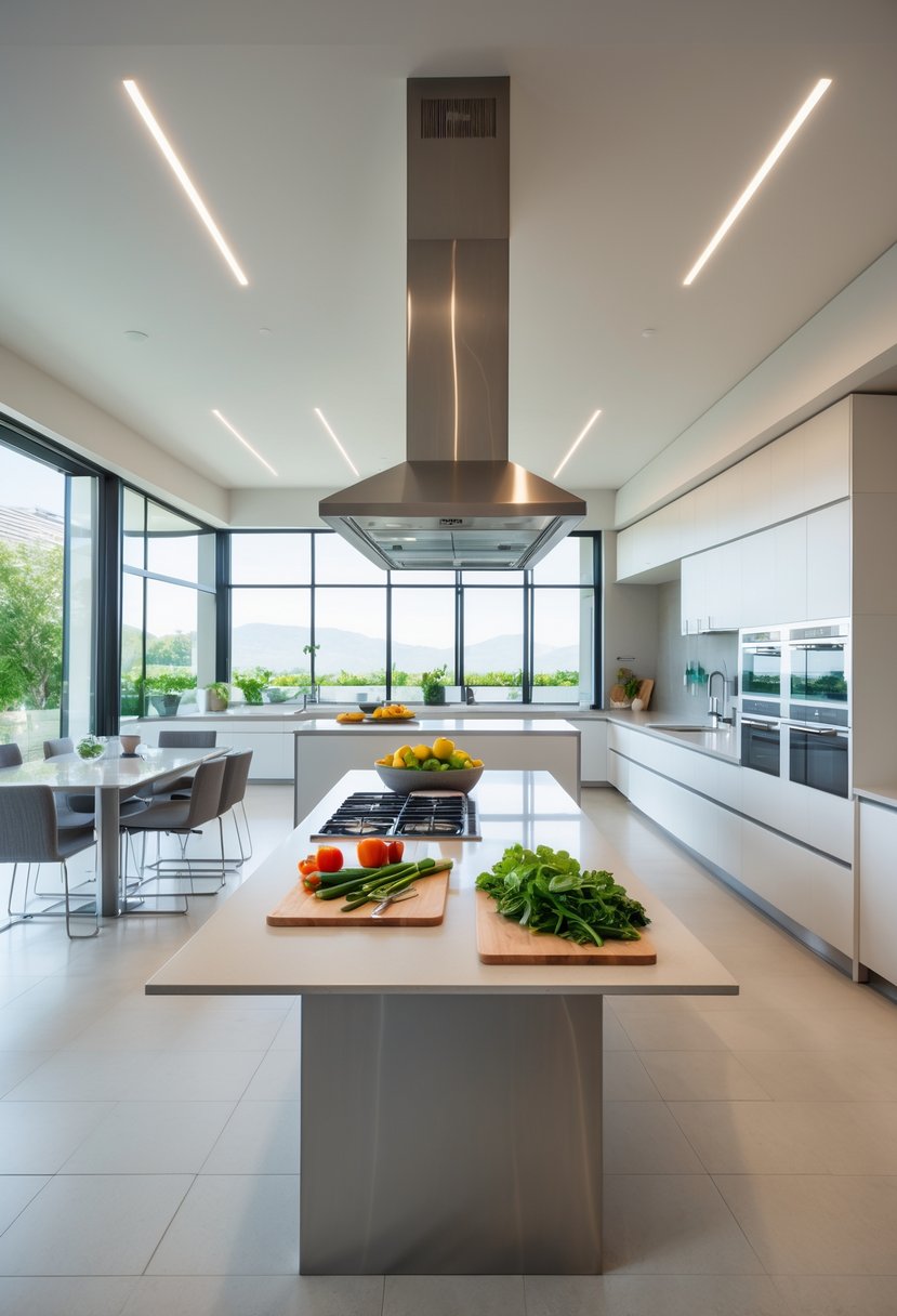 A spacious open kitchen with separate areas for cooking, food preparation, and cleaning, featuring a large island, countertops with vegetables and utensils, and a sink.