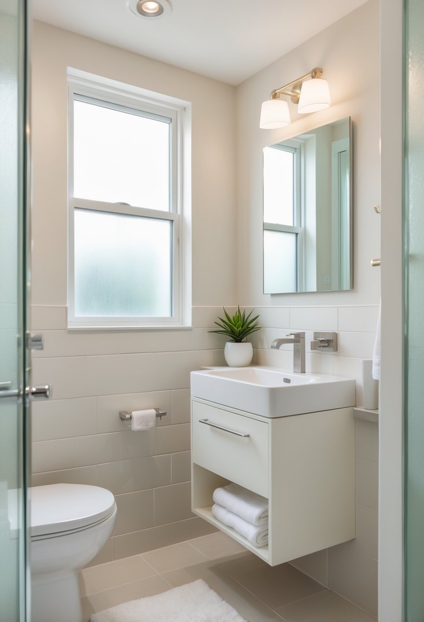 A small bathroom with light neutral colors, a white vanity, a mirror, tiled floor, and a small plant on the counter.