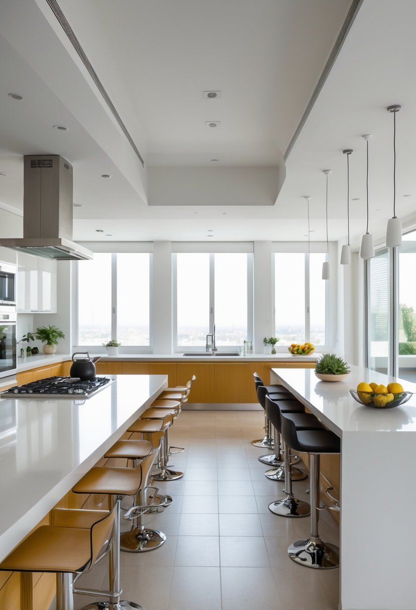 A spacious open kitchen with seven distinct areas and bar stools arranged along a kitchen island for casual dining and interaction.