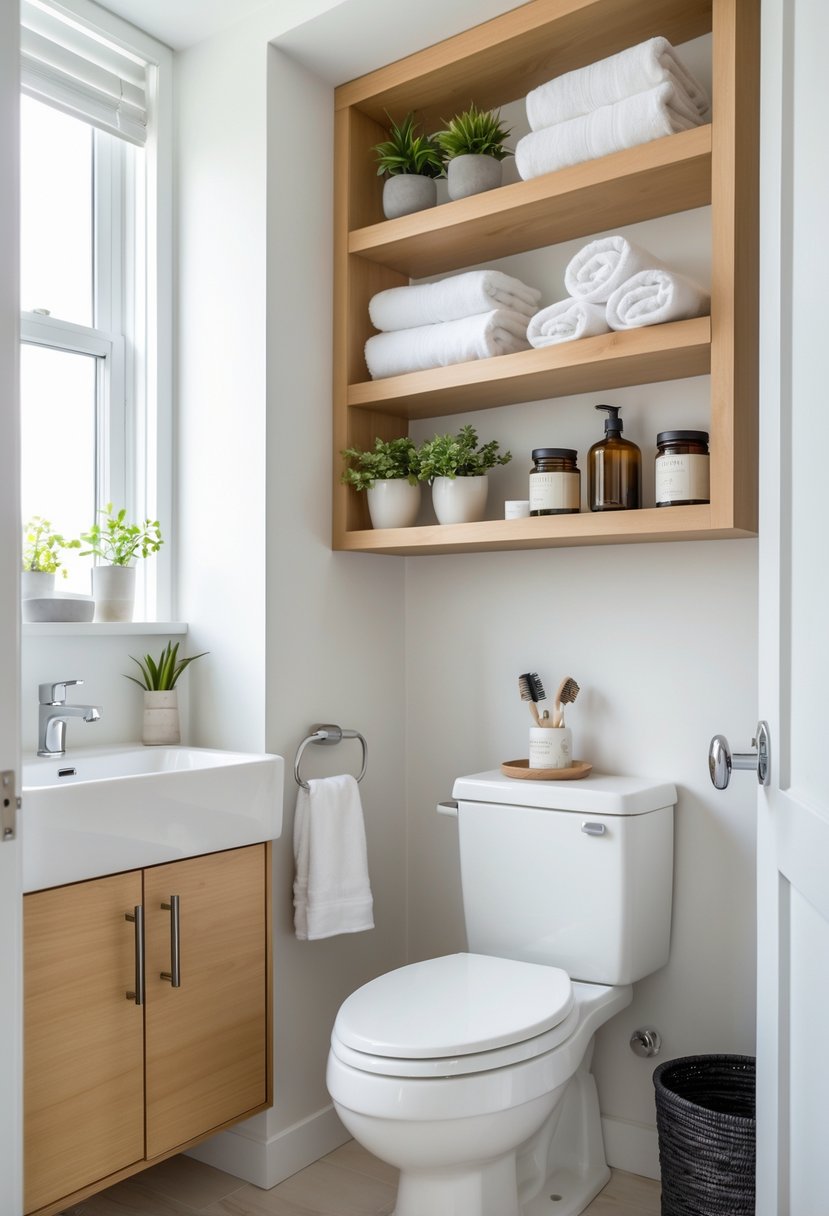Small bathroom with open shelves holding towels and bathroom items above the toilet next to a vanity with a sink.