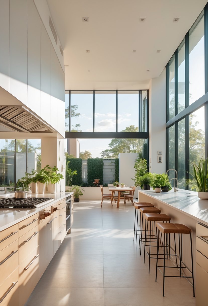 A bright and spacious modern kitchen with large windows letting in natural light and an open layout.