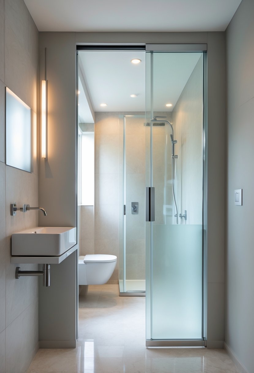 Small modern bathroom with a partially open pocket door revealing a compact sink and shower area.