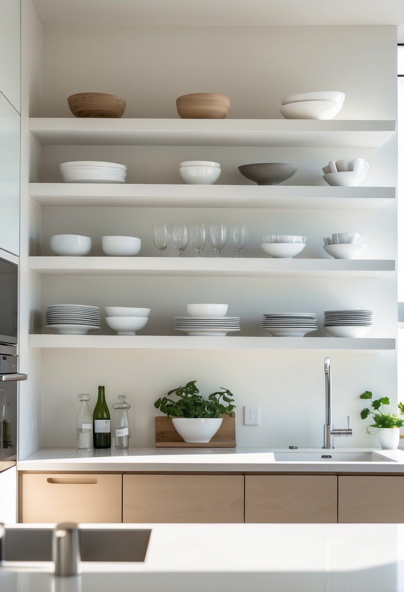 A kitchen with seven open shelves displaying dishware and a clean countertop in a bright, spacious setting.