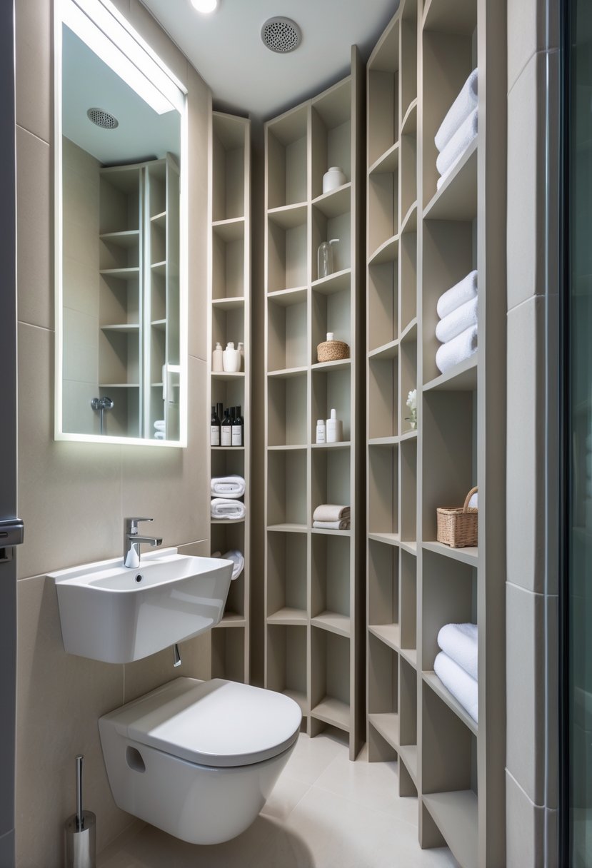 Small bathroom with vertical storage units installed on the walls, a sink, mirror, and neatly organized shelves.