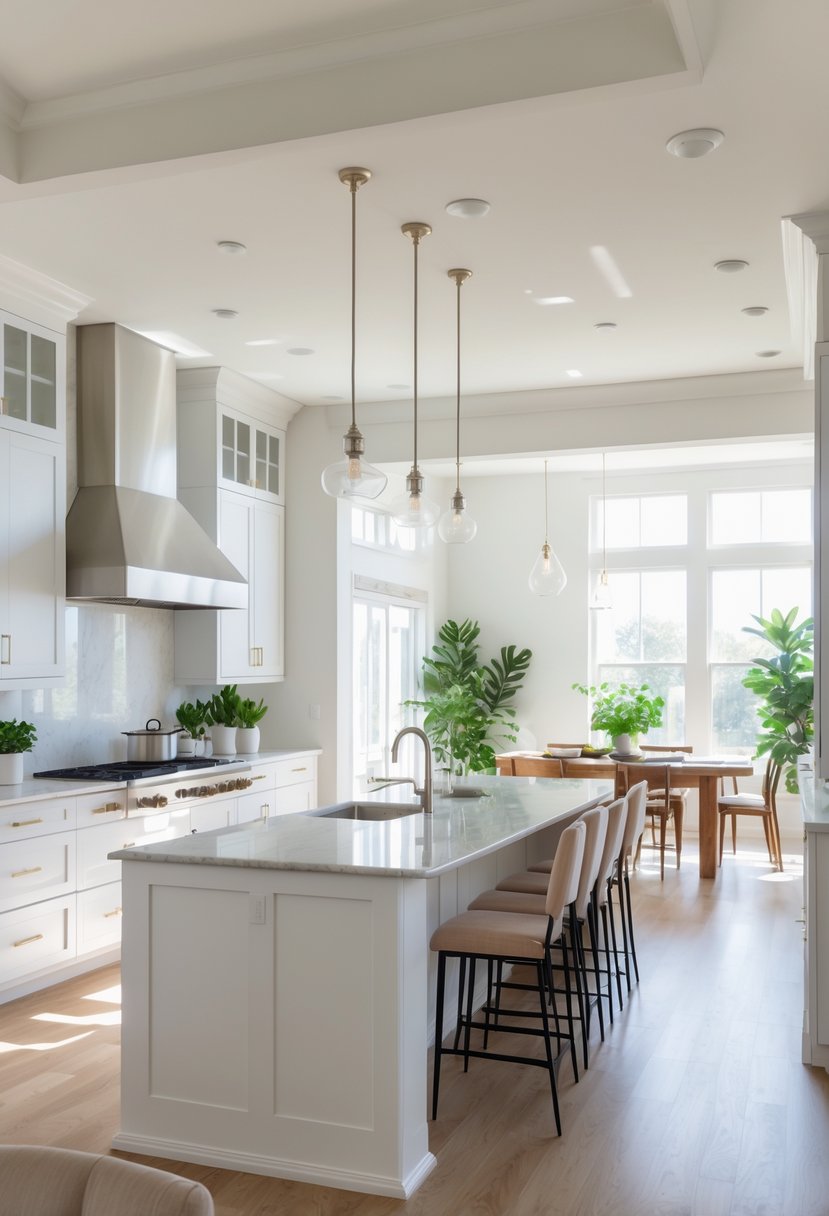 A bright open kitchen with a large island, modern appliances, and a connected dining area with a wooden table and chairs.