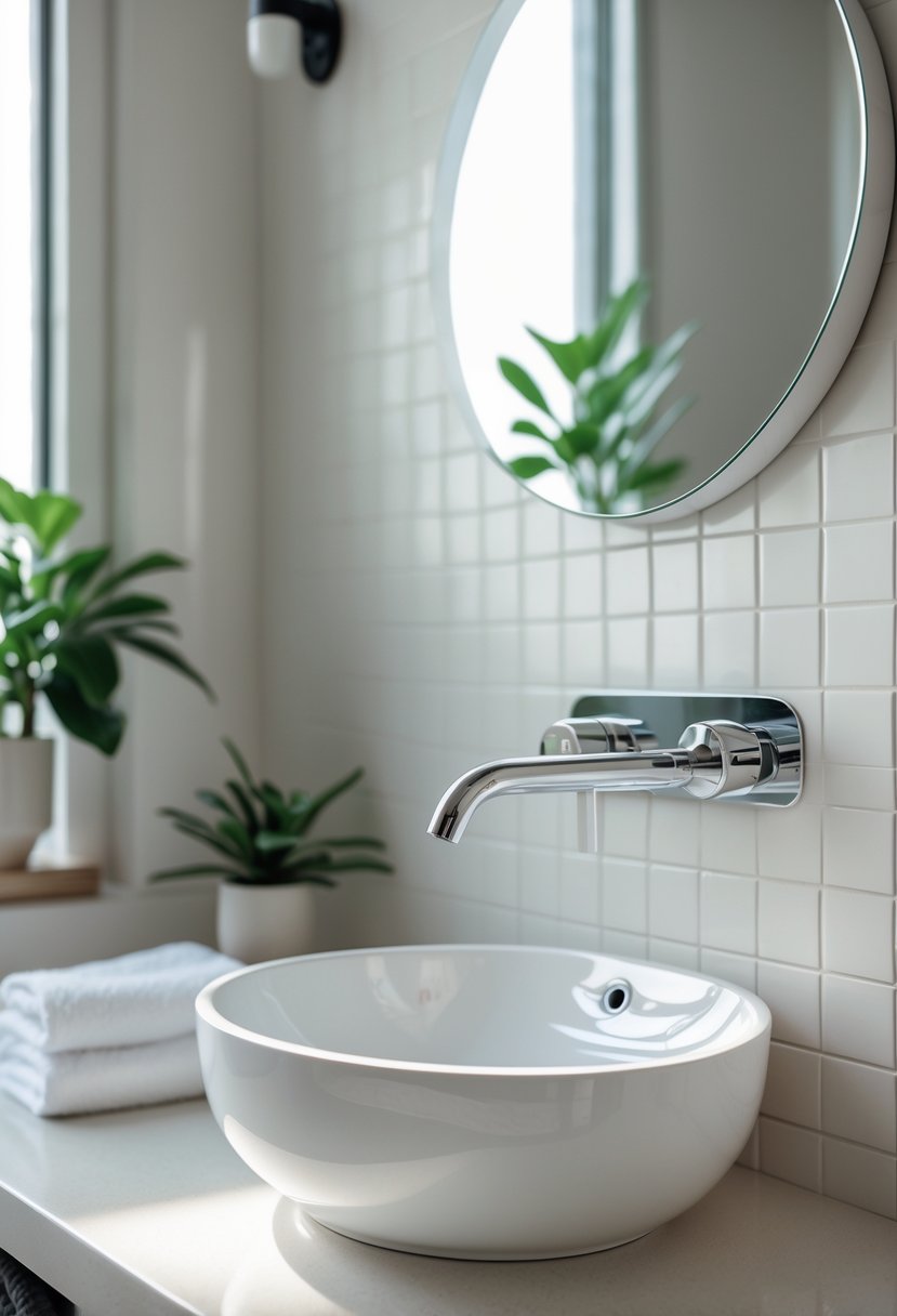 Small bathroom with a wall-mounted faucet above a white sink and a clear countertop.