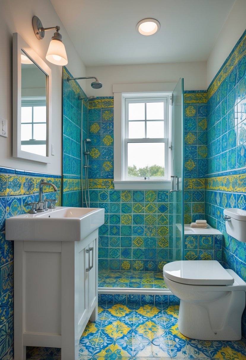 Small bathroom with colorful patterned tiles, a white vanity, a mirror, and a glass shower door.