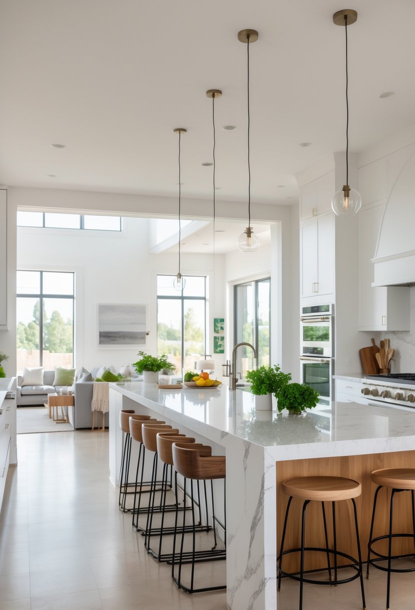 A bright open kitchen with a large island, white cabinets, stainless steel appliances, and an open living area in the background.