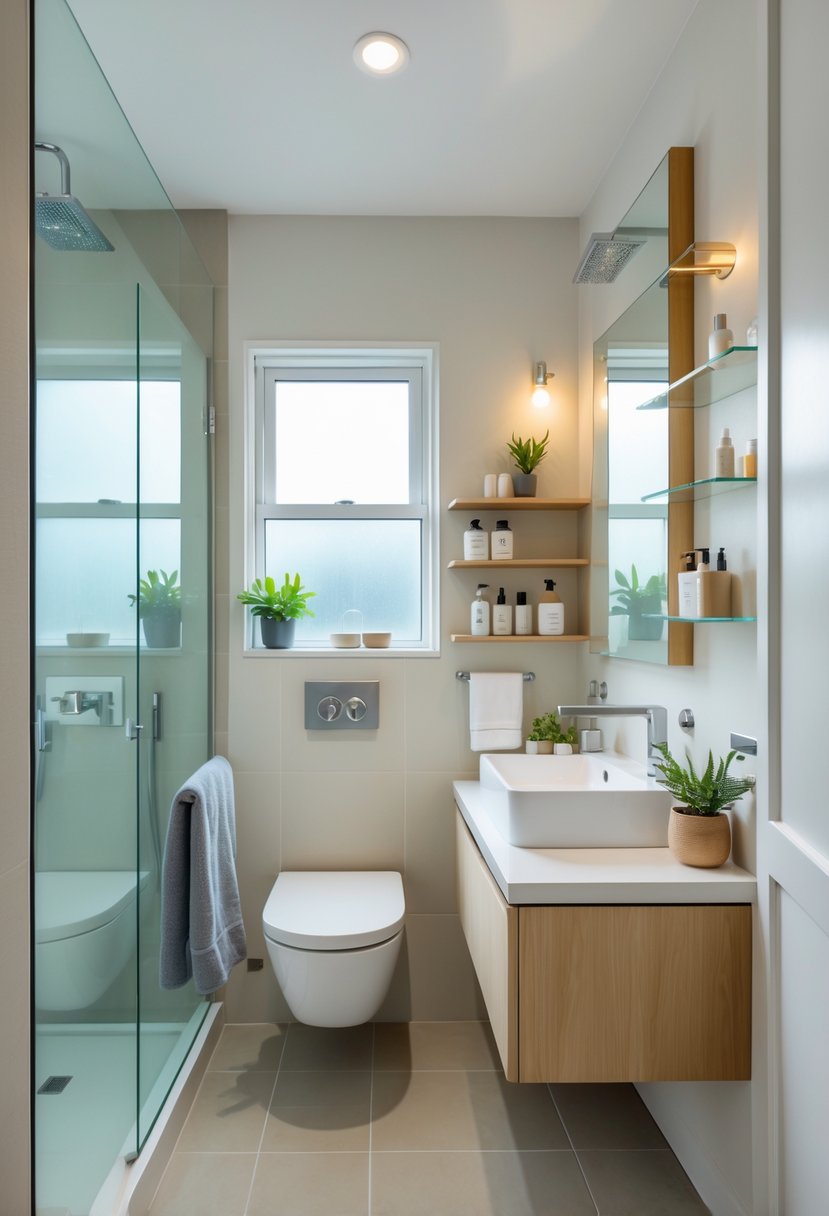 A small bathroom with a floating vanity, large mirror, glass shower enclosure, and natural light coming through a window.
