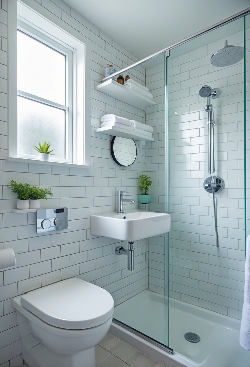 A small renovated bathroom with a wall-mounted sink, compact toilet, glass shower, and shelves with toiletries.