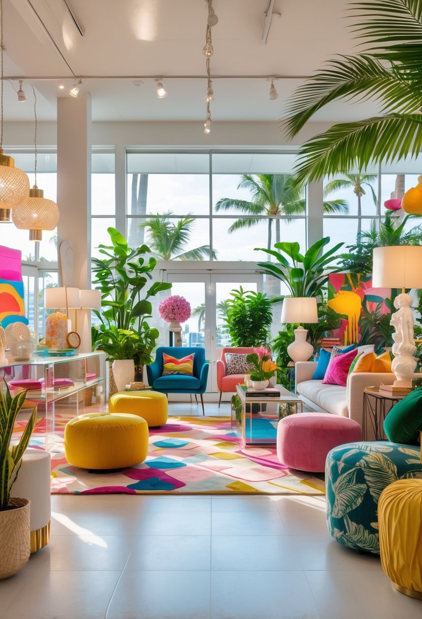 Interior of a bright home decor store with furniture, cushions, lighting, plants, and art pieces displayed.