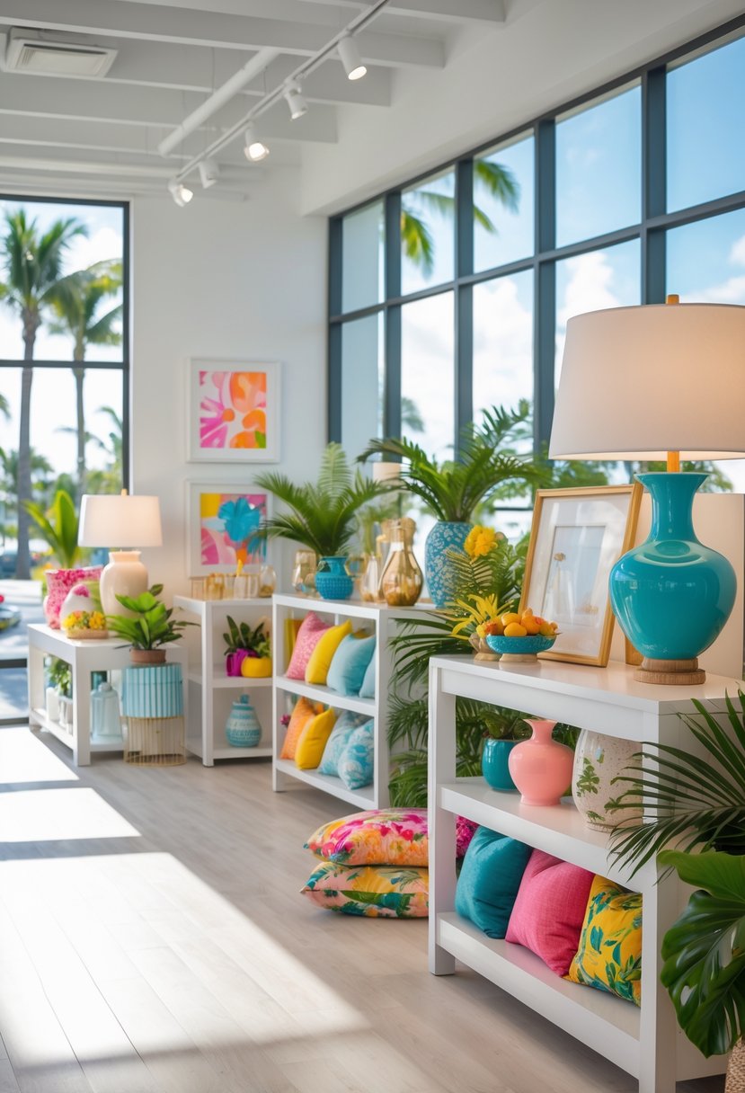 Interior of a bright and stylish home decor store with shelves of colorful cushions, vases, lamps, artwork, and tropical plants, with sunlight coming through large windows and palm trees visible outside.