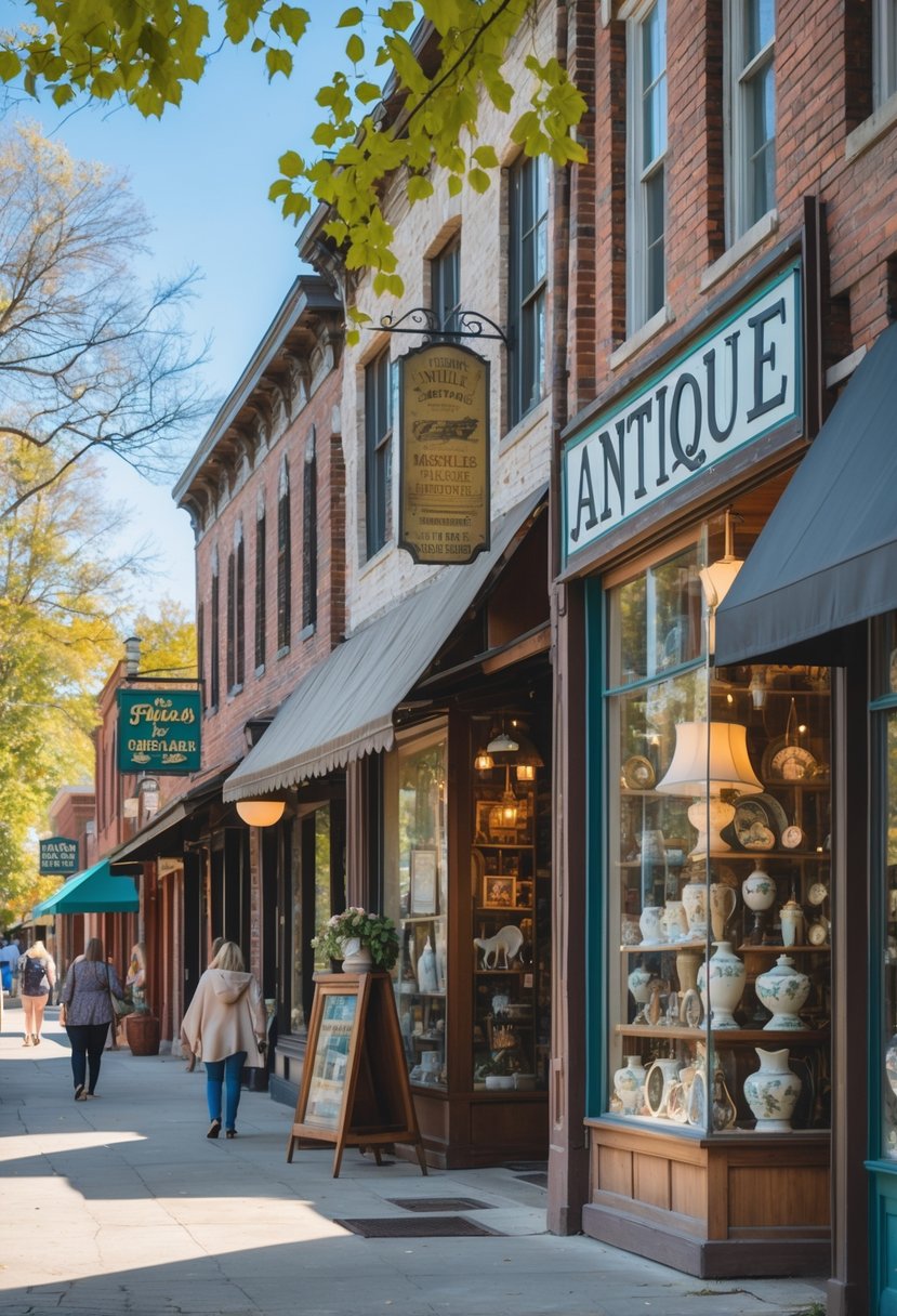 A street with five antique stores in Nashville, Tennessee, showing vintage storefronts and people browsing outside on a sunny day.