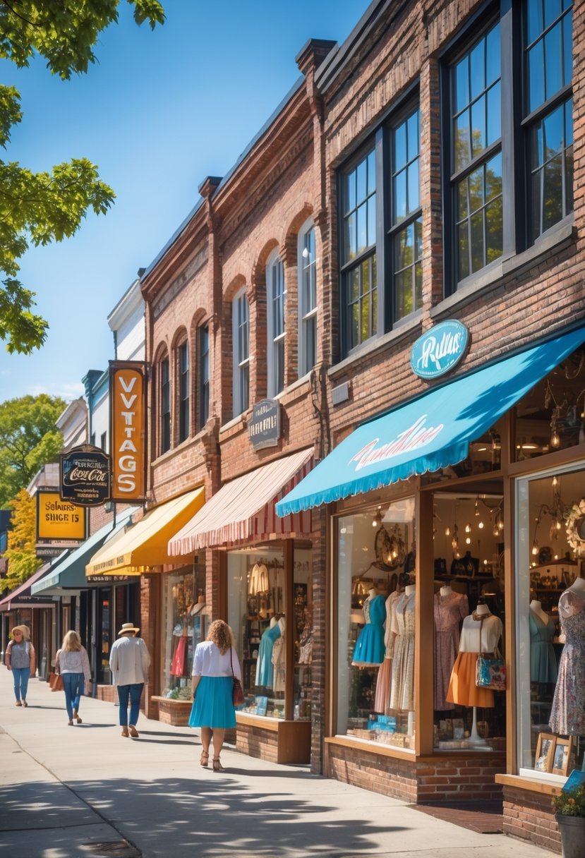 A street with five vintage stores in Nashville, showing their storefronts, display windows, and people walking nearby on a sunny day.