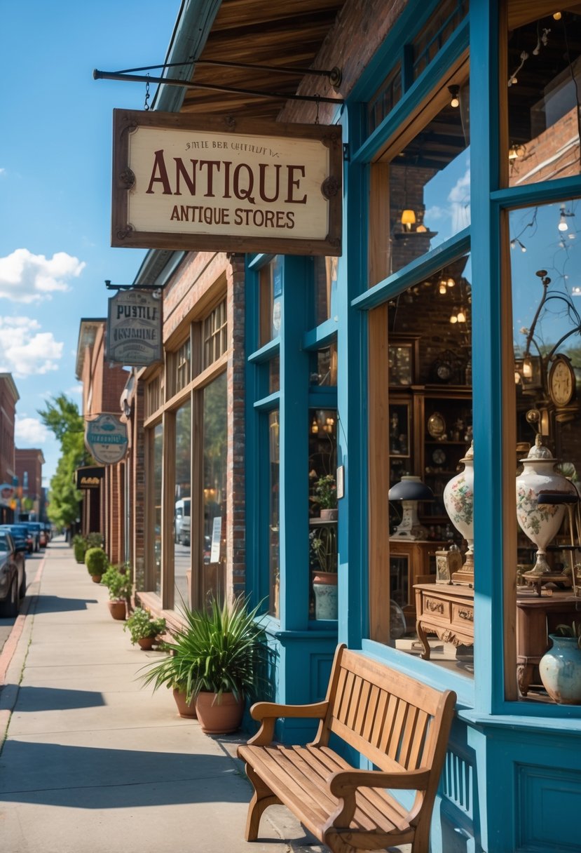 Exterior of an antique store in Nashville with vintage items displayed in large windows on a sunny day.