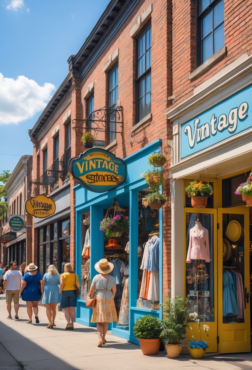 A lively street with five vintage stores in Nashville, showing colorful storefronts and people shopping on a sunny day.
