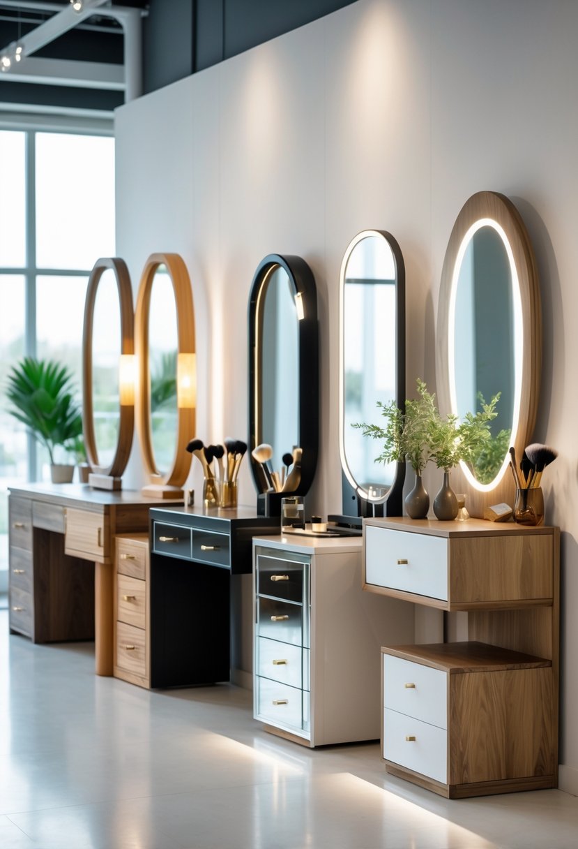 Seven different dressing tables displayed side by side in a bright showroom with mirrors and decorative items.