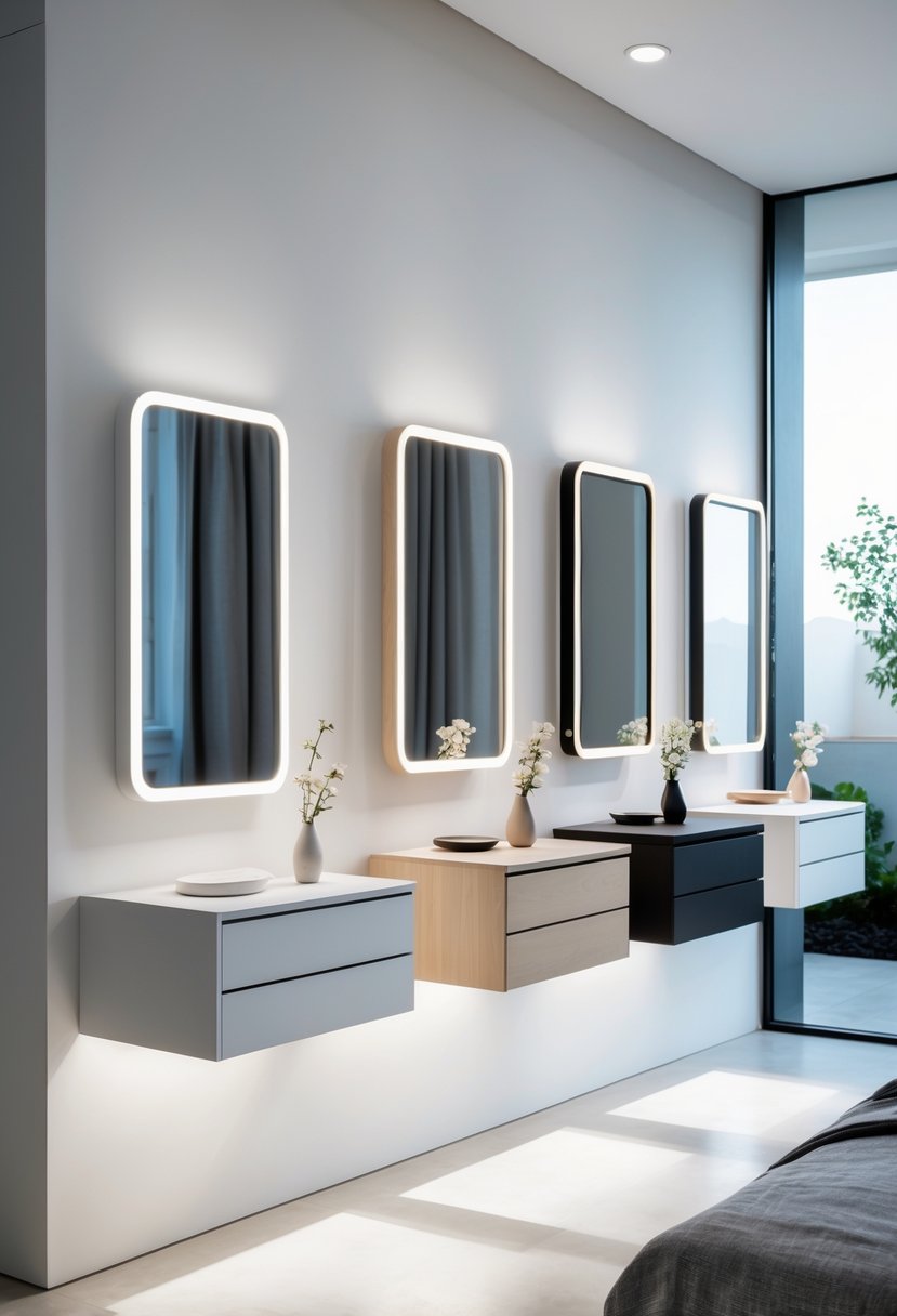 Seven floating dressing tables with LED lighting displayed on a white wall in a bright room.