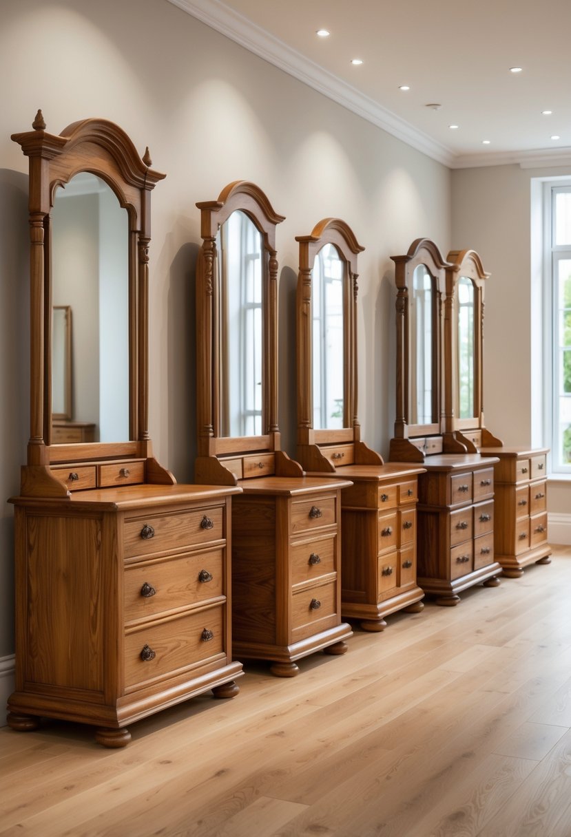 Seven traditional oak wood dressing tables with mirrors arranged side by side in a showroom.
