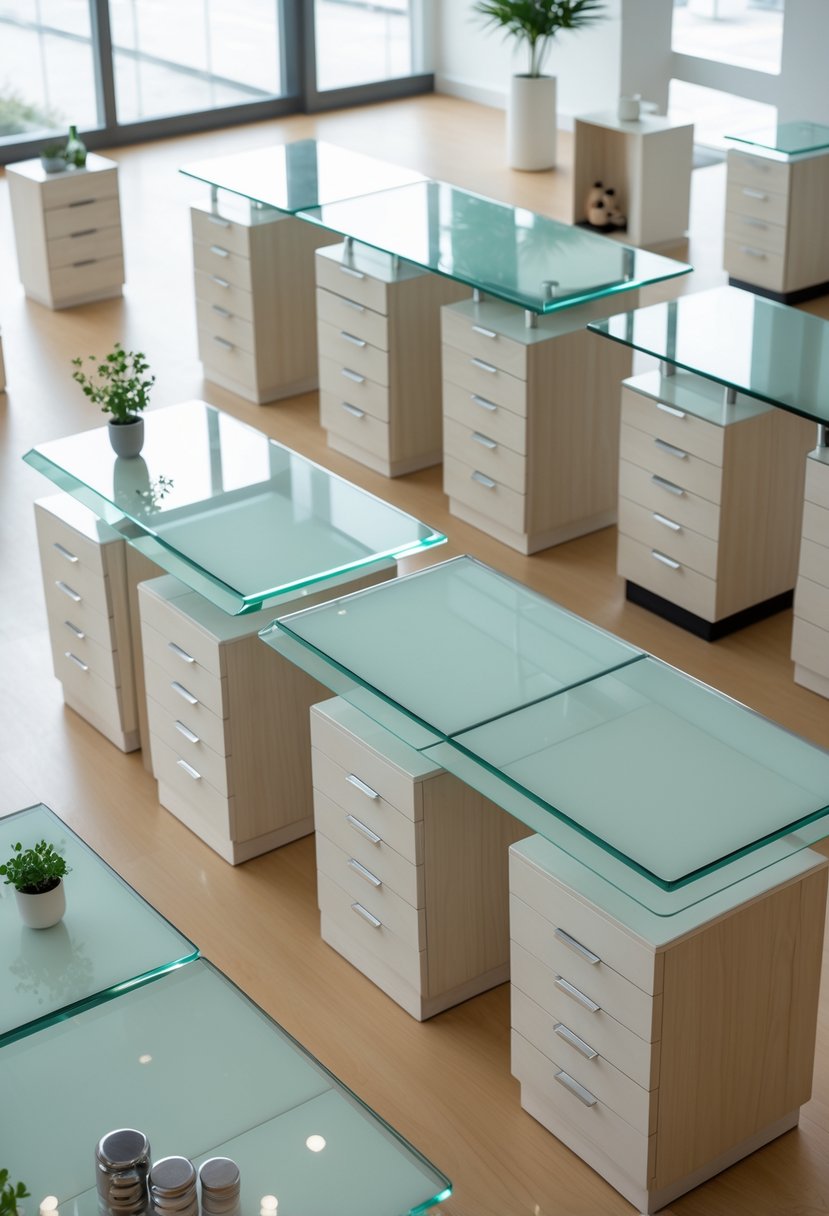 Seven modern glass top dressing tables with storage drawers displayed in a bright showroom.