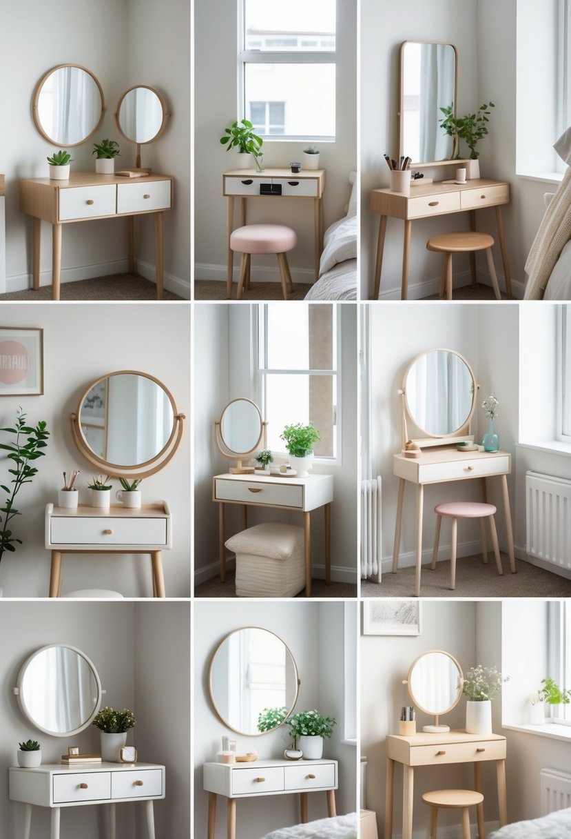 Seven compact corner dressing tables arranged in a small bedroom, each with a mirror and decorative items, showing efficient use of limited space.