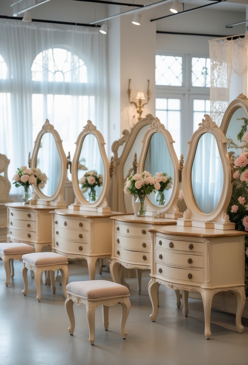A bright showroom displaying seven wooden dressing tables with stools arranged neatly in a row.
