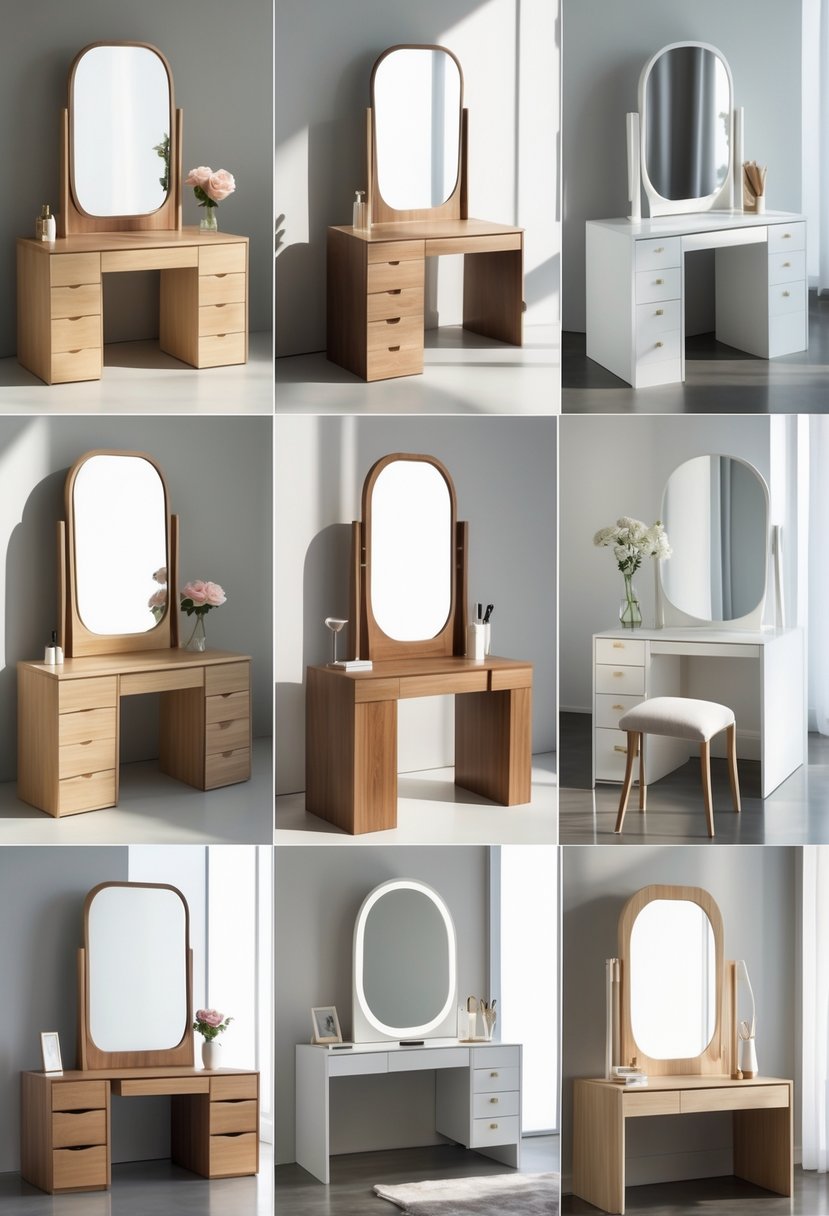 Seven different convertible dressing tables with adjustable mirrors displayed in a bright showroom.