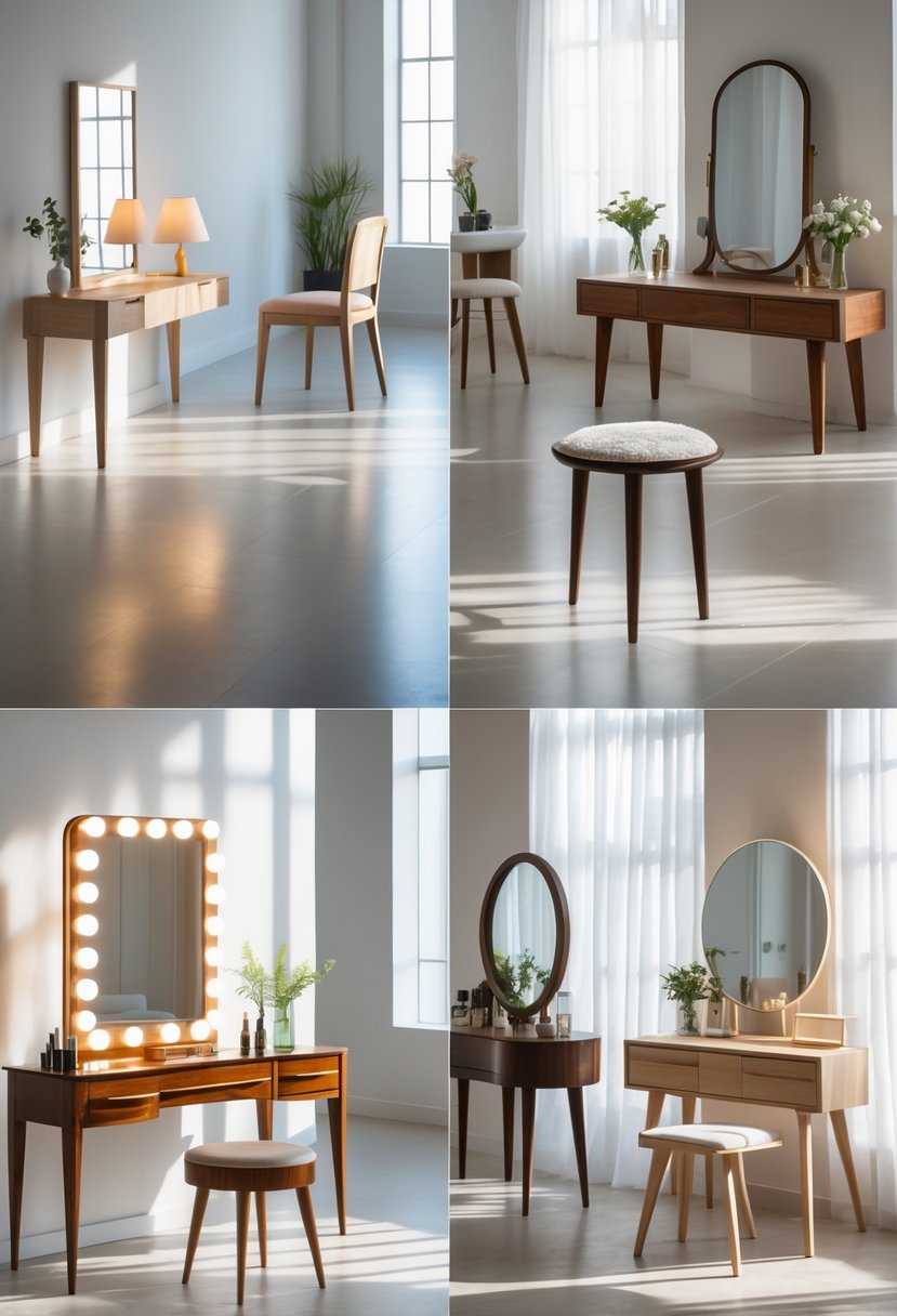 A room displaying seven different dressing tables with chairs and decorative items, arranged to show a variety of designs and styles.