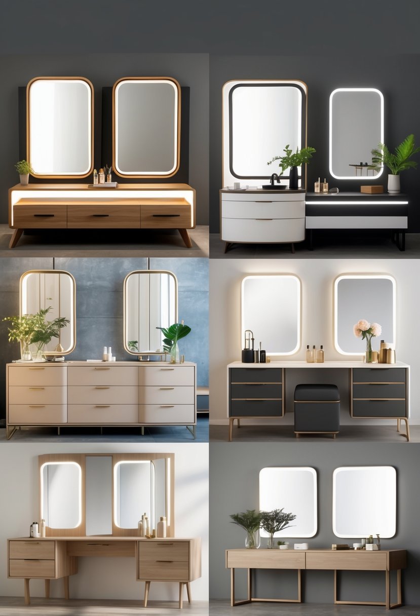 Seven modern dressing tables displayed in a bright showroom, each with mirrors, drawers, and decorative items on the countertops.