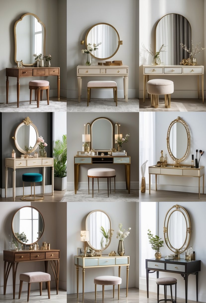 Seven different dressing tables displayed in a bright room, each with unique design elements and accessories.