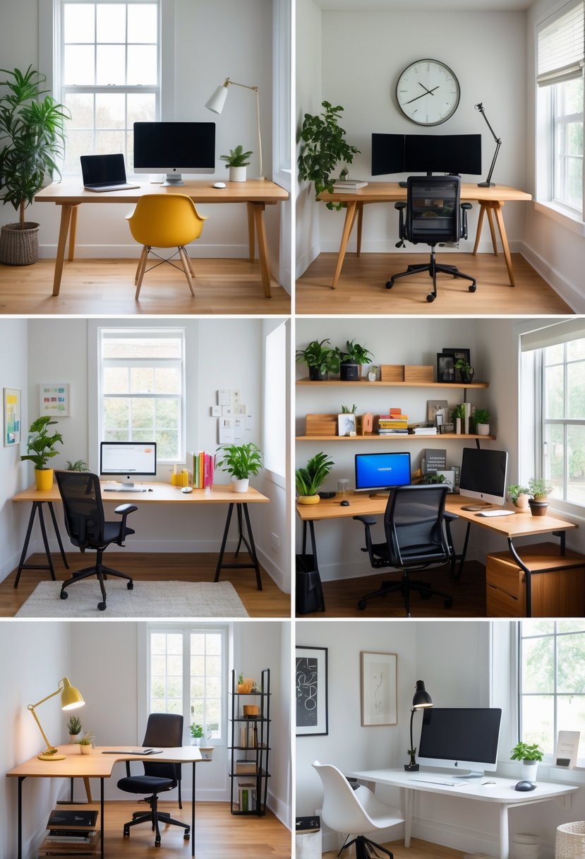 Six different home office desks arranged in a bright room, each with unique setups including laptops, monitors, plants, and office supplies.