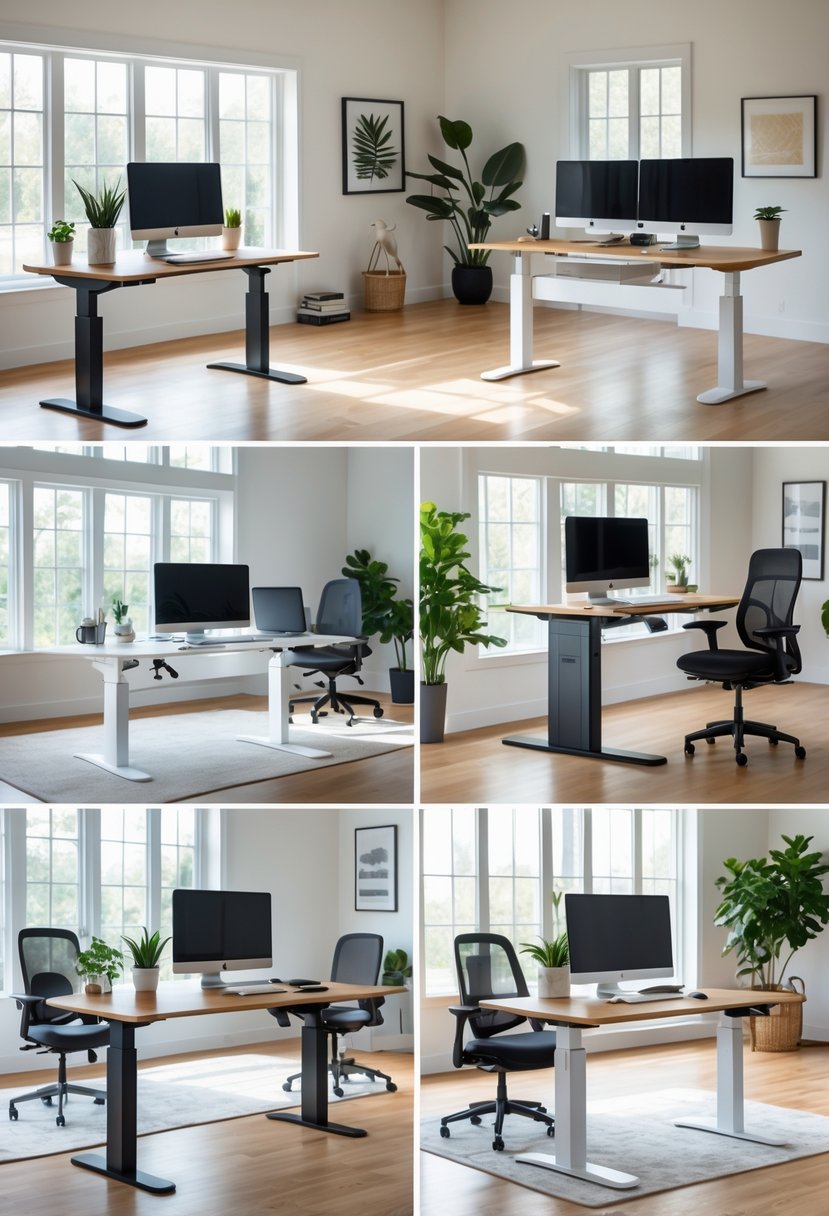 A home office with six different adjustable standing desks, each set up with computers, plants, and office supplies in a bright, organized room.