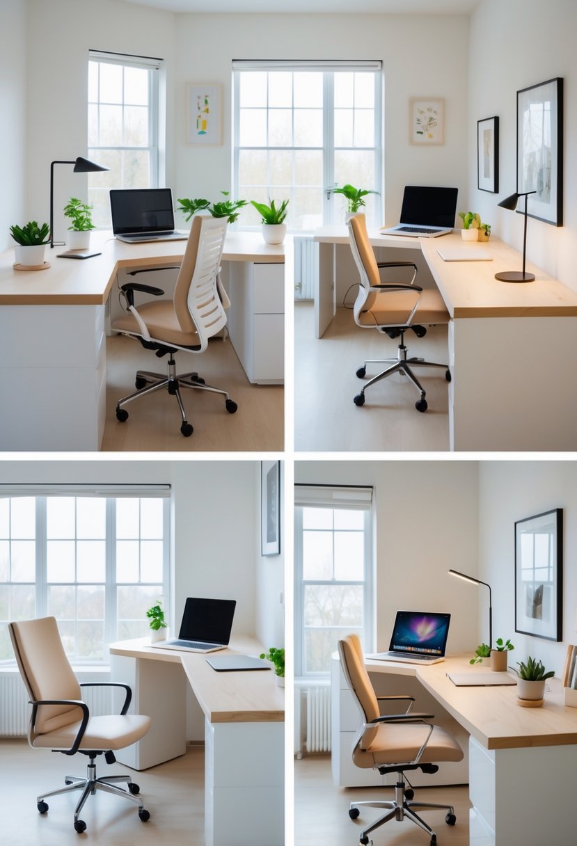 Six minimalist home office desks with built-in cable management in a bright room with natural light.