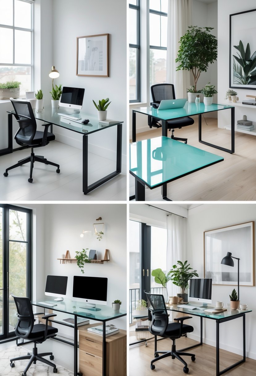 Six different home office desks with glass tops arranged in bright rooms, each with chairs, computers, and office accessories.