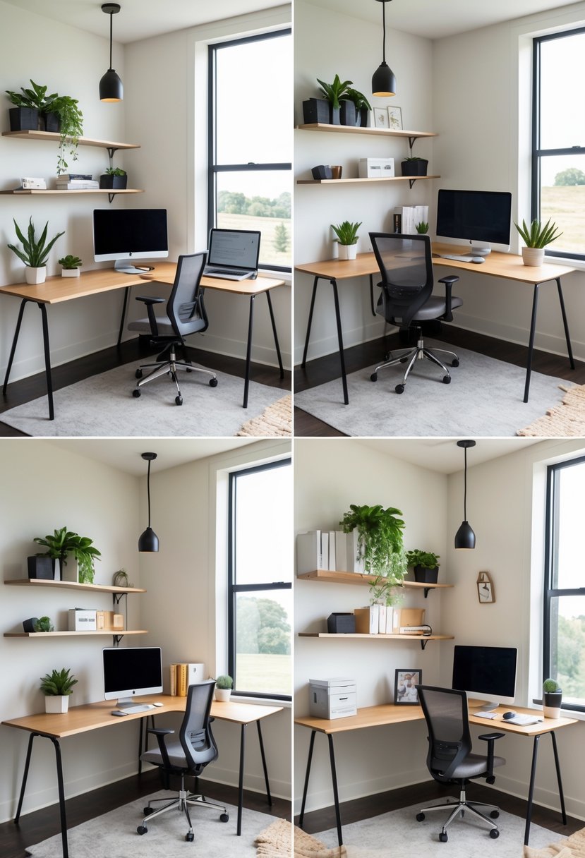 A bright home office with an L-shaped desk in a corner, equipped with a laptop, monitor, office supplies, and an ergonomic chair, surrounded by shelves with plants and books.